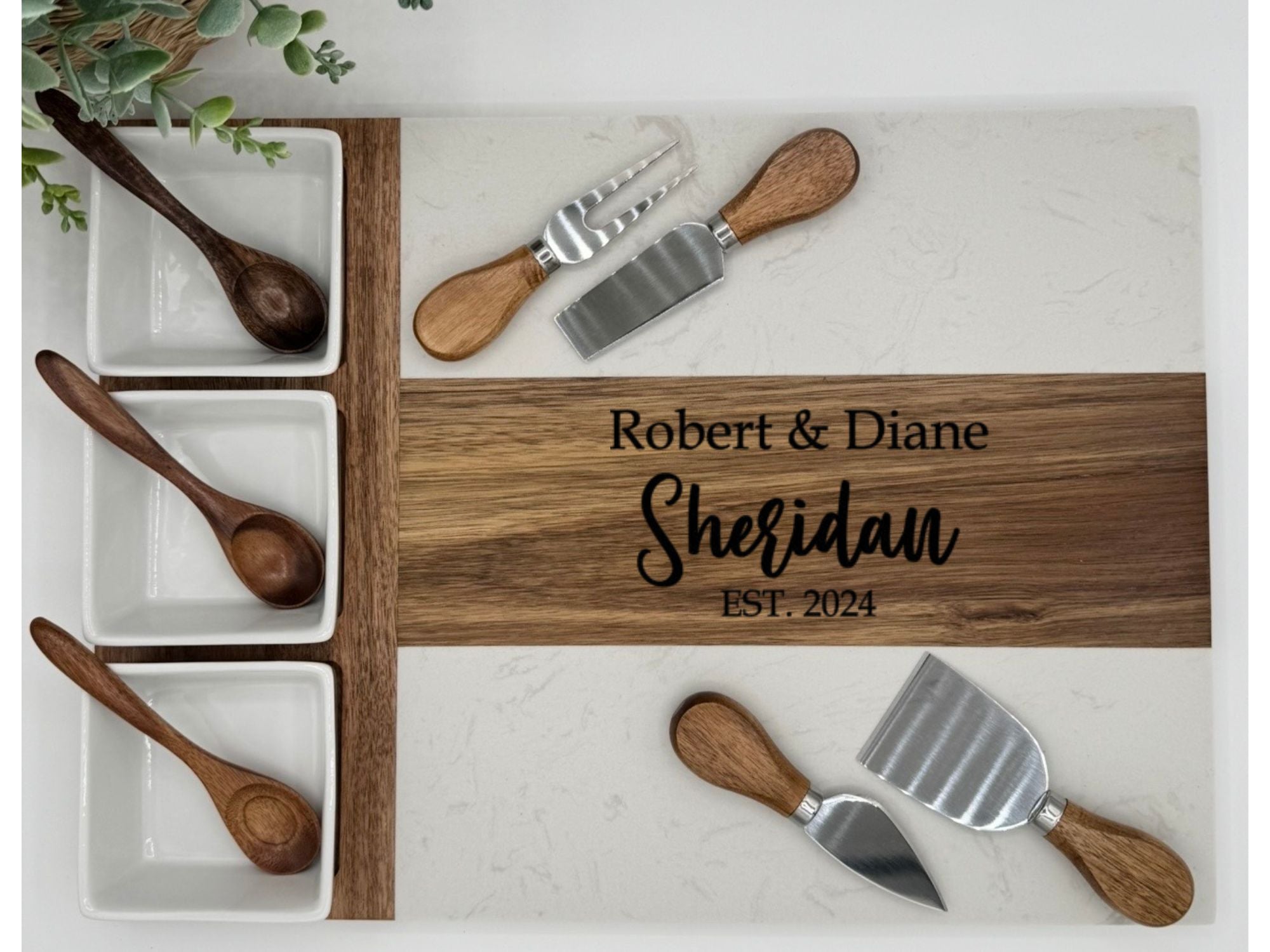 Custom Engraved Marble Charcuterie Board, Bowls & Utensils - 11 Piece Set