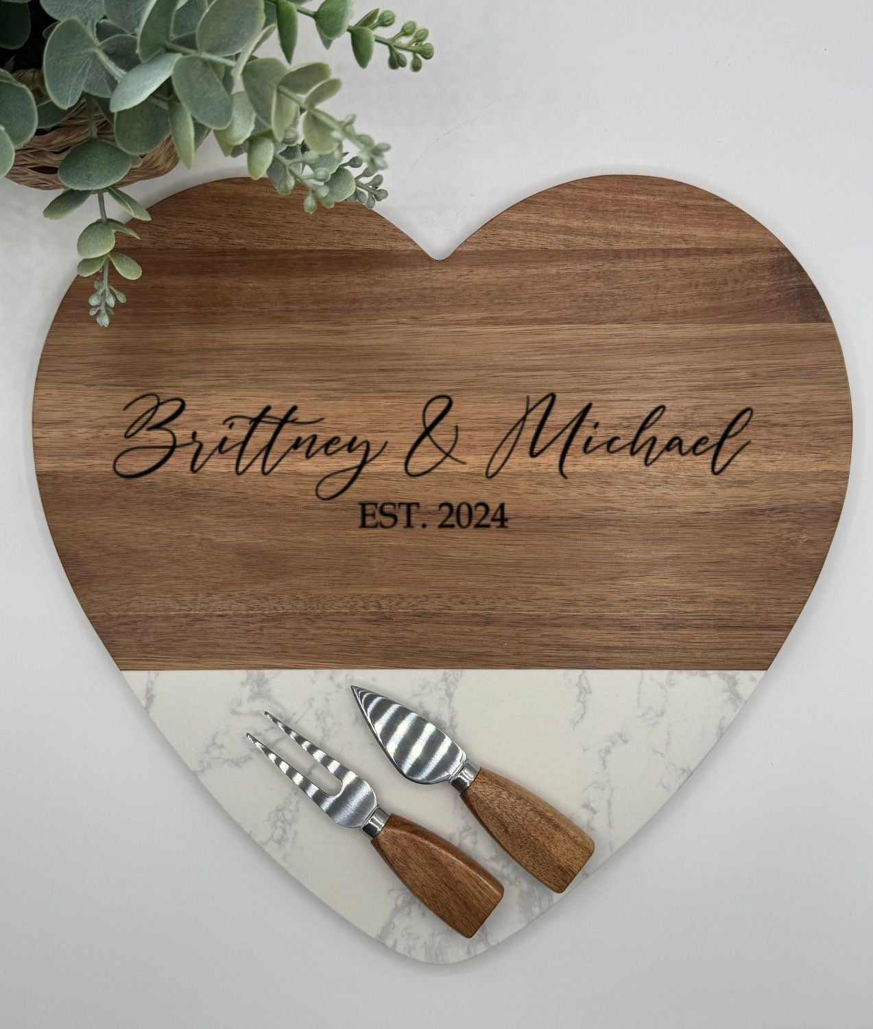 Custom Engraved Marble Heart Shaped Charcuterie Board & Utensils - 3 Piece Set
