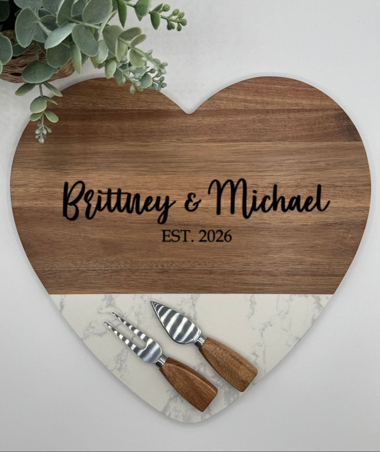 Custom Engraved Marble Heart Shaped Charcuterie Board & Utensils - 3 Piece Set