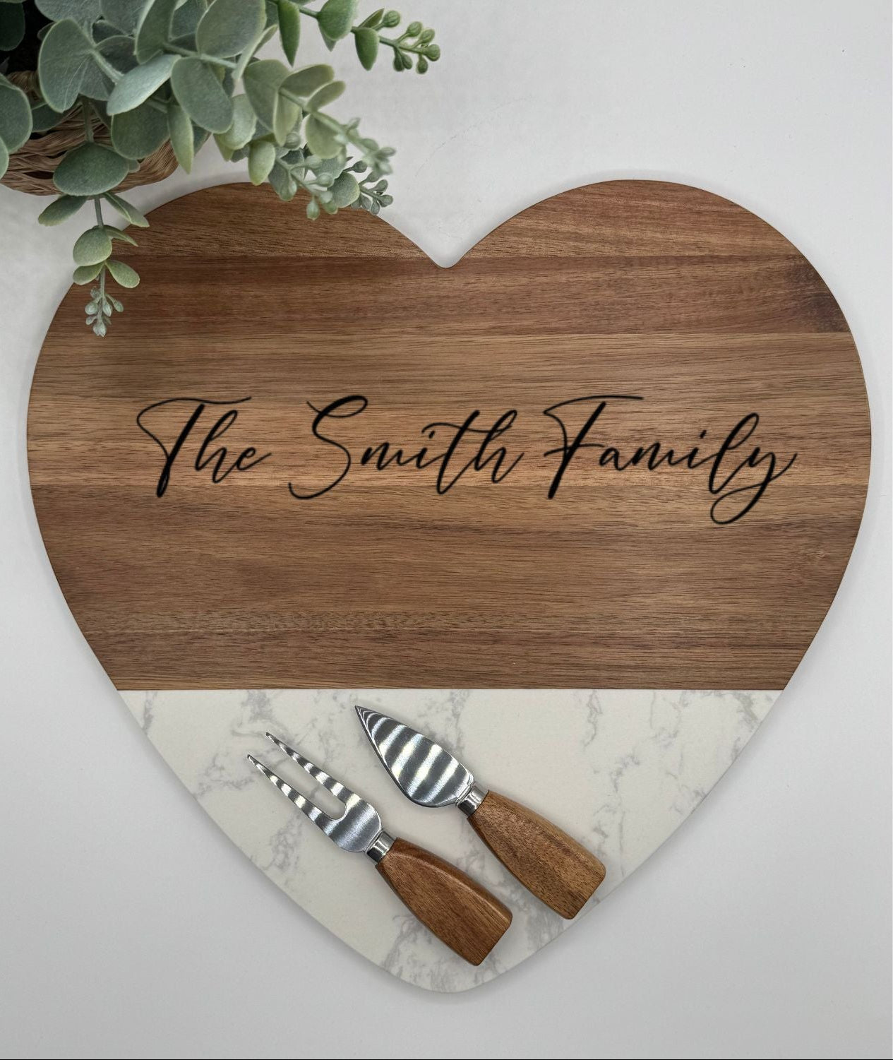 Custom Engraved Marble Heart Shaped Charcuterie Board & Utensils - 3 Piece Set