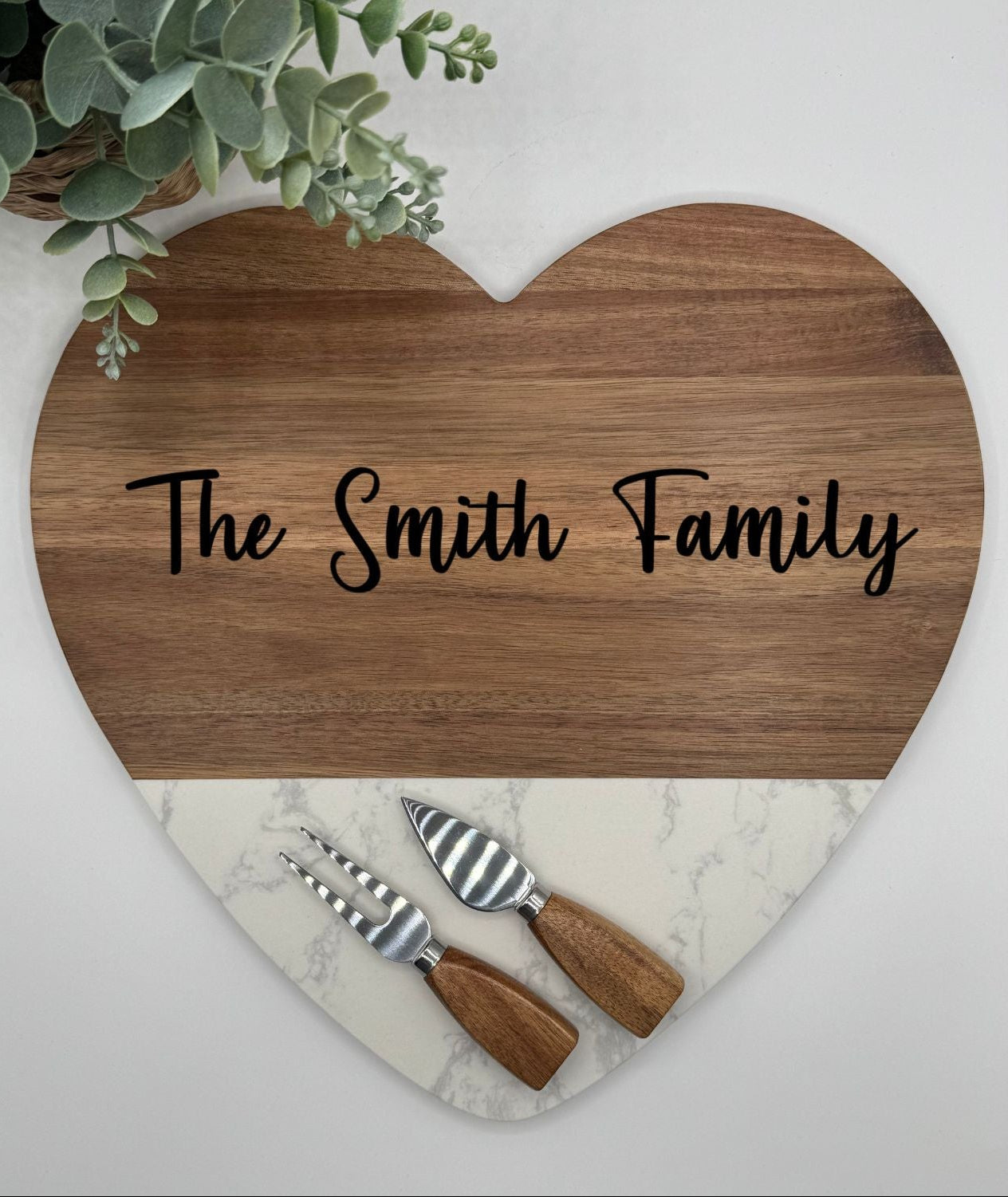 Custom Engraved Marble Heart Shaped Charcuterie Board & Utensils - 3 Piece Set