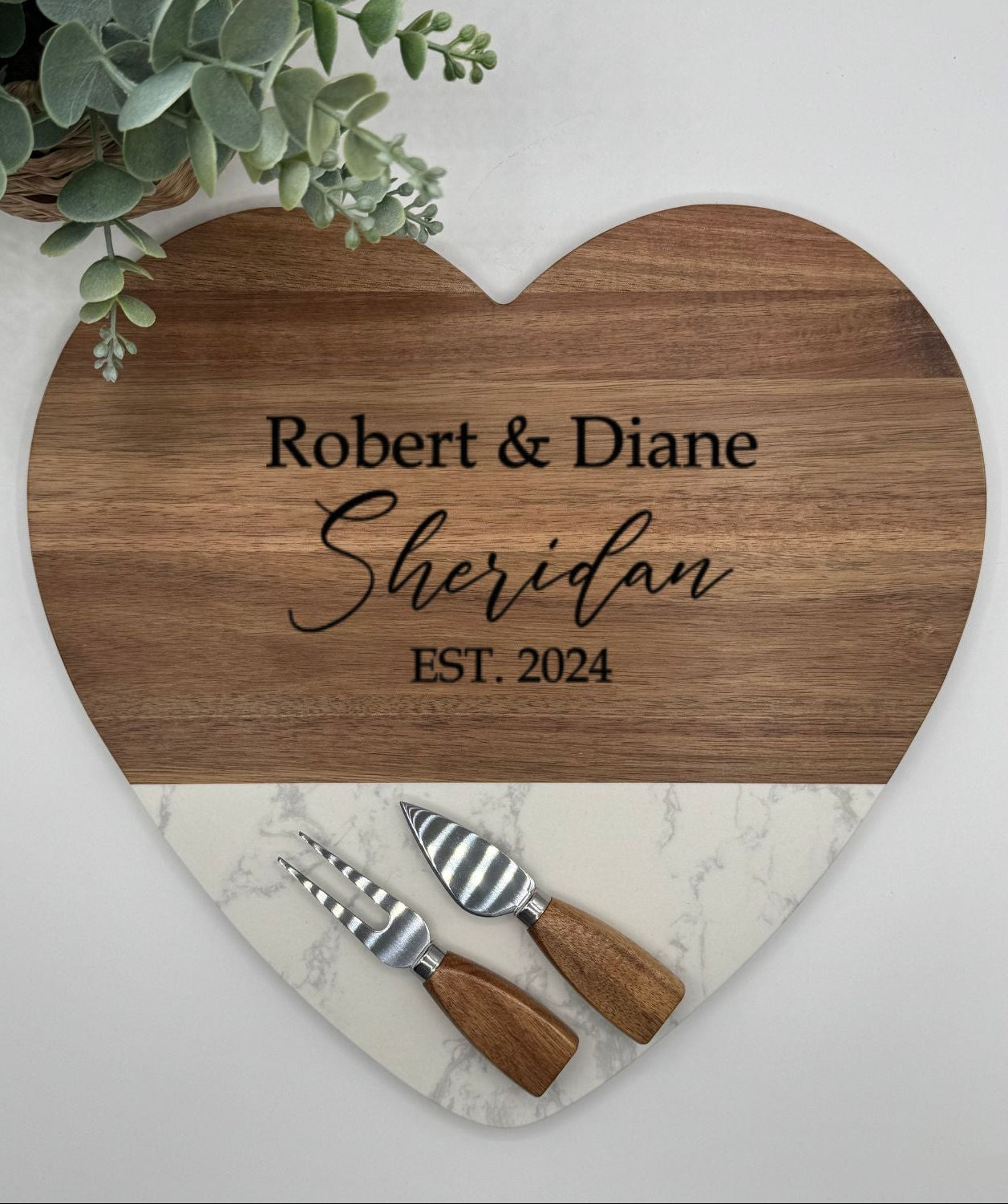 Custom Engraved Marble Heart Shaped Charcuterie Board & Utensils - 3 Piece Set