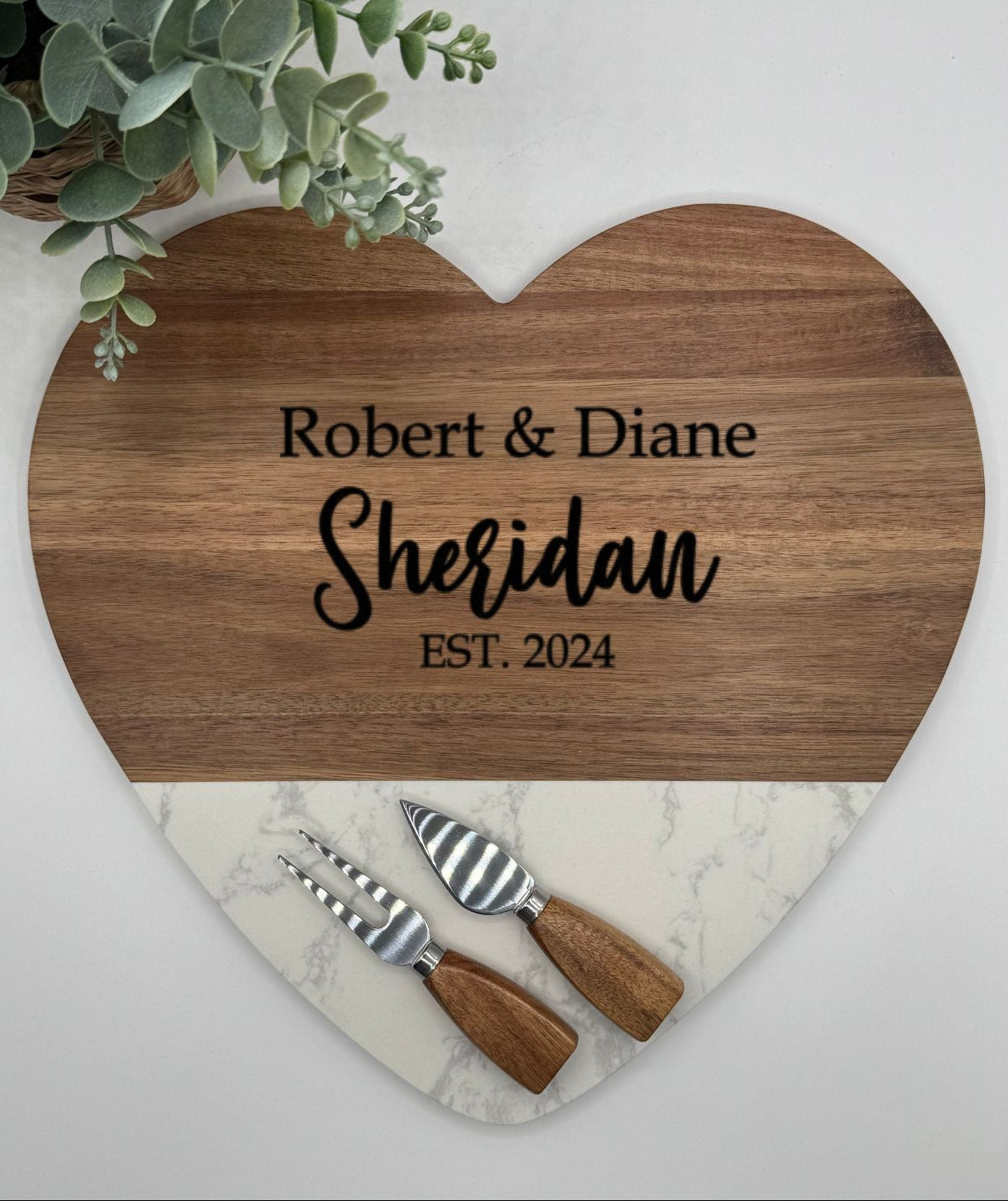 Custom Engraved Marble Heart Shaped Charcuterie Board & Utensils - 3 Piece Set