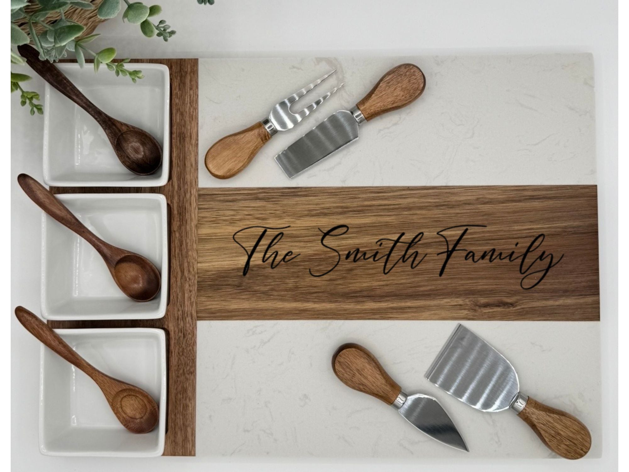 Custom Engraved Marble Charcuterie Board, Bowls & Utensils - 11 Piece Set
