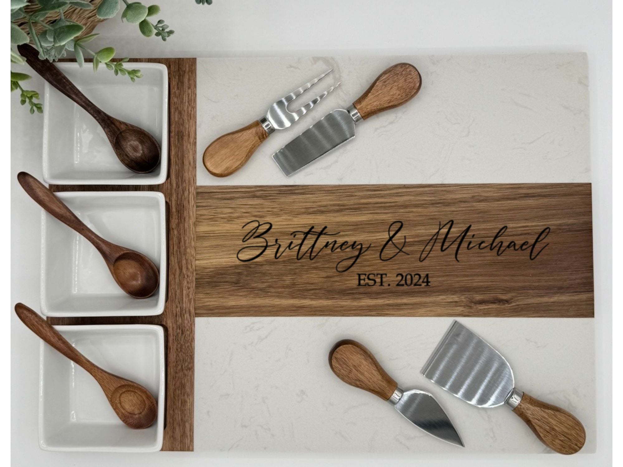 Custom Engraved Marble Charcuterie Board, Bowls & Utensils - 11 Piece Set
