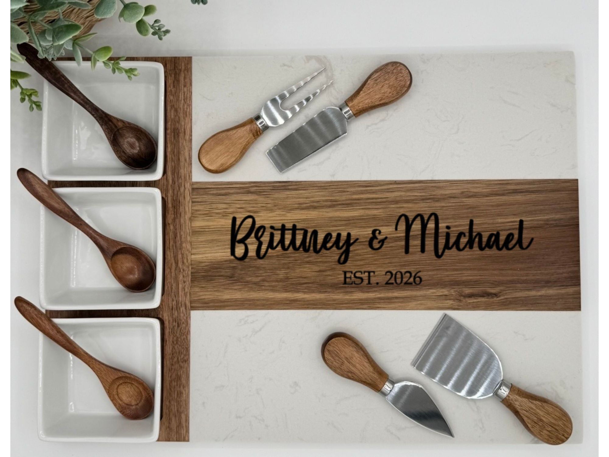 Custom Engraved Marble Charcuterie Board, Bowls & Utensils - 11 Piece Set