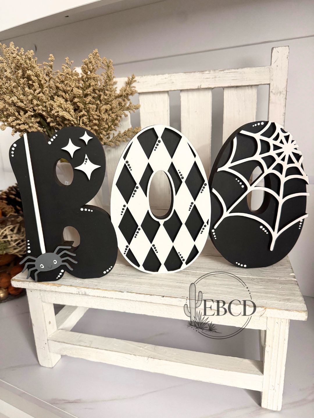 Black and White Halloween Boo word shelf sitter.