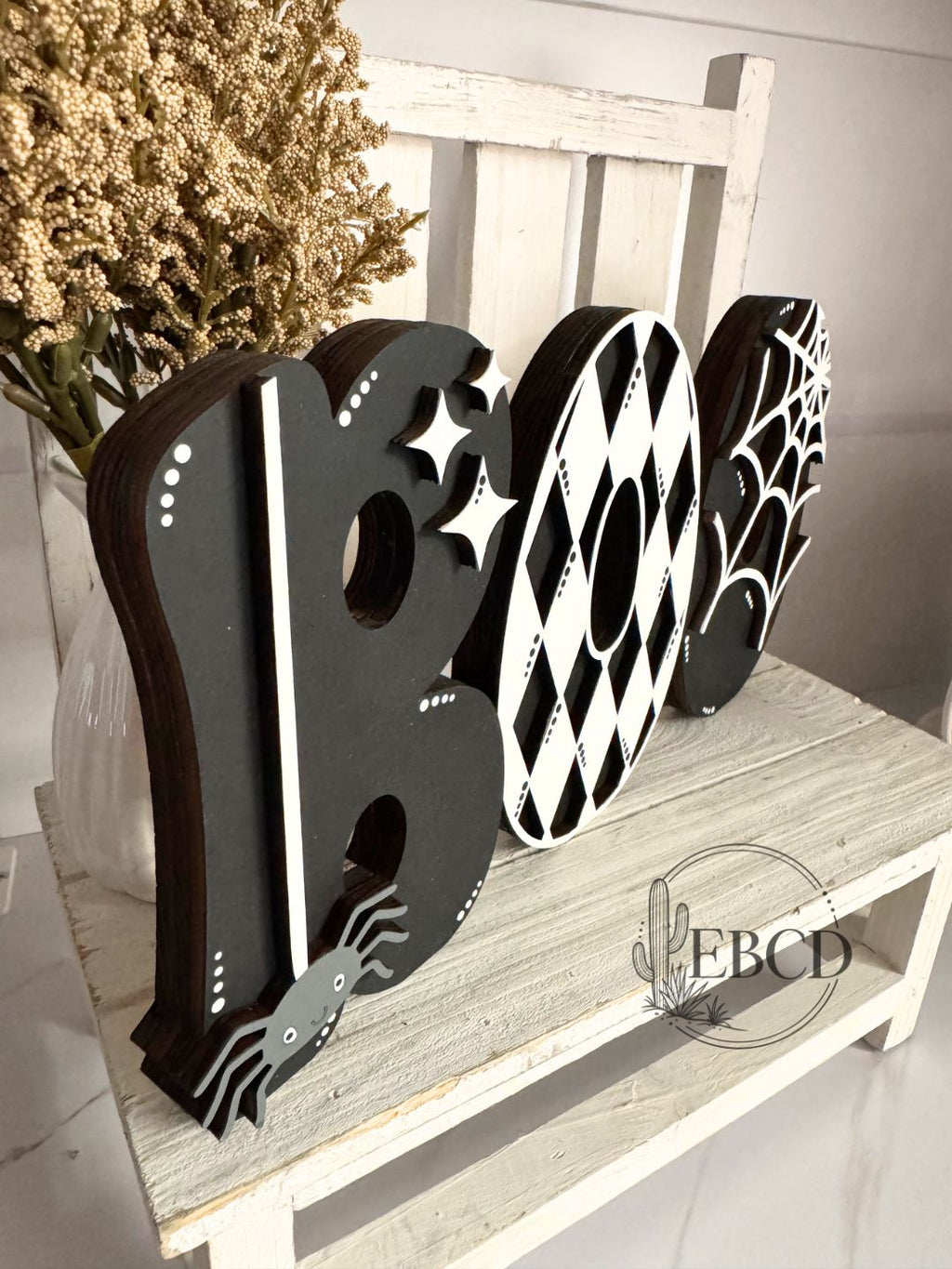 Black and White Halloween Boo word shelf sitter.