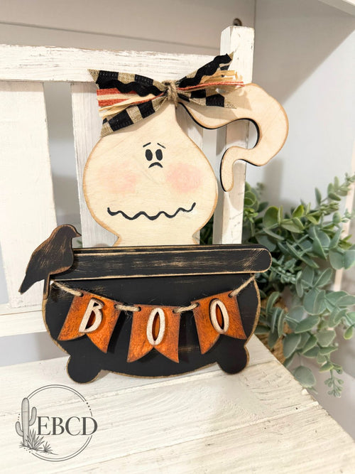 Boo in the Brew hand painted Halloween ghost decor with black cauldron, crow and orange BOO banner.
