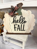 Hand painted Pumpkin Hello Fall Shelf Sitter 14inch wide.