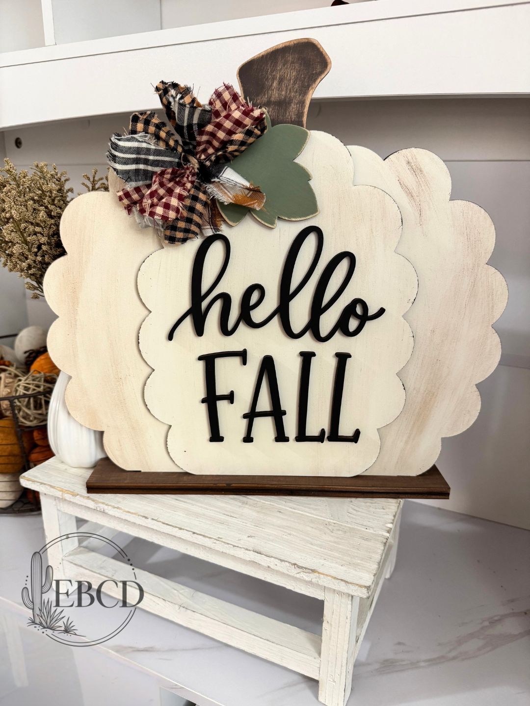 Hand painted Pumpkin Hello Fall Shelf Sitter 14inch wide.