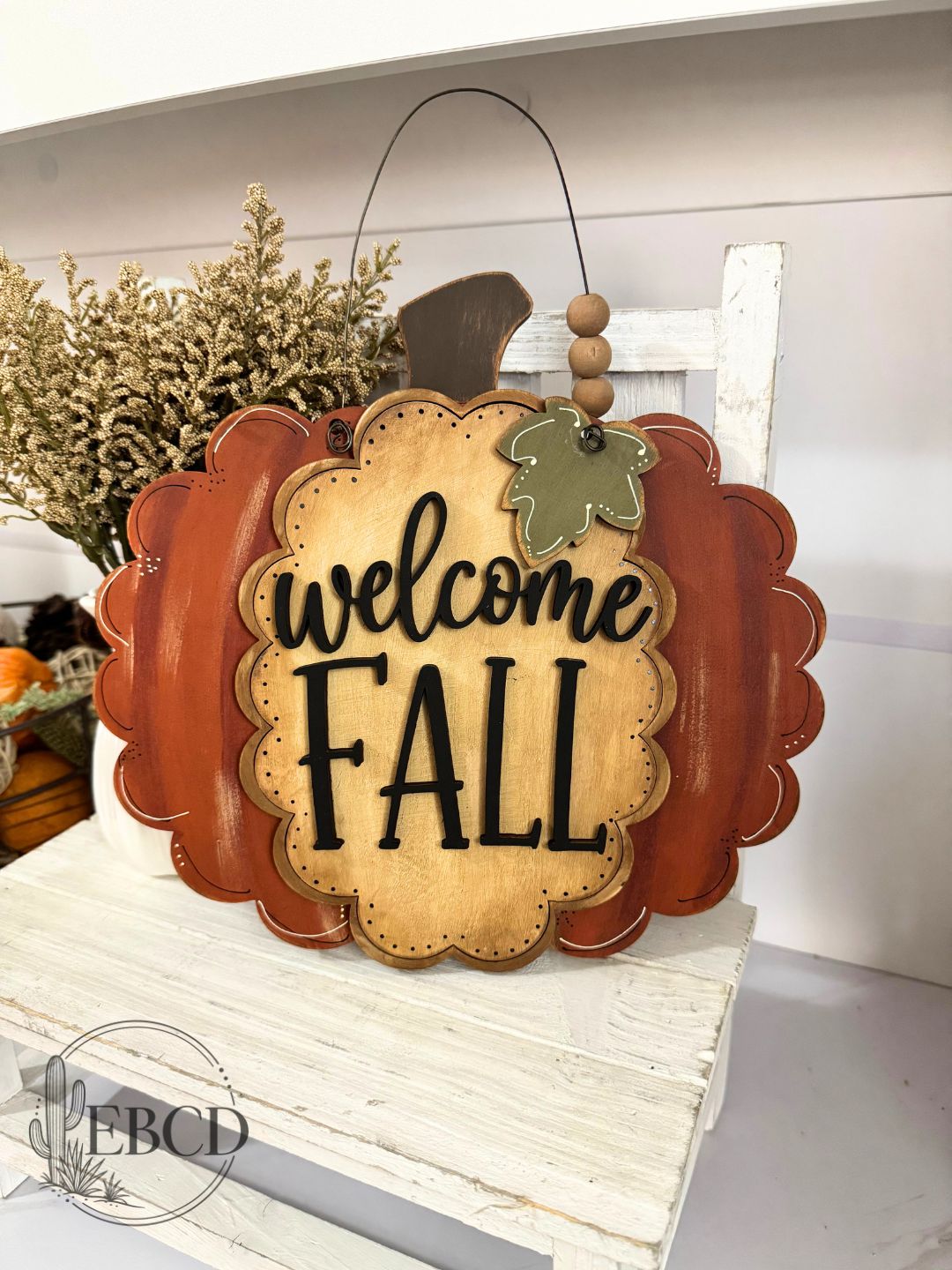Hand painted Pumpkin Welcome Autumn Leaves fall decor with layered colorful leaves in 10inch, 14inch and 18inch wide.