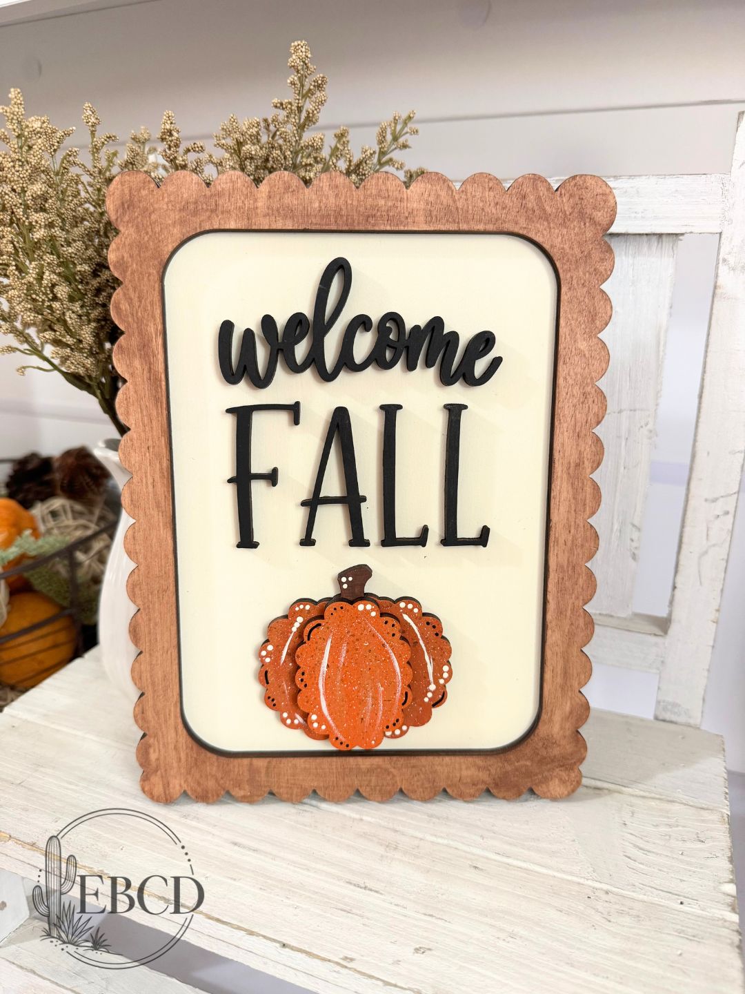 Hand painted Pumpkin Welcome Fall decor, 8.5" Tall.