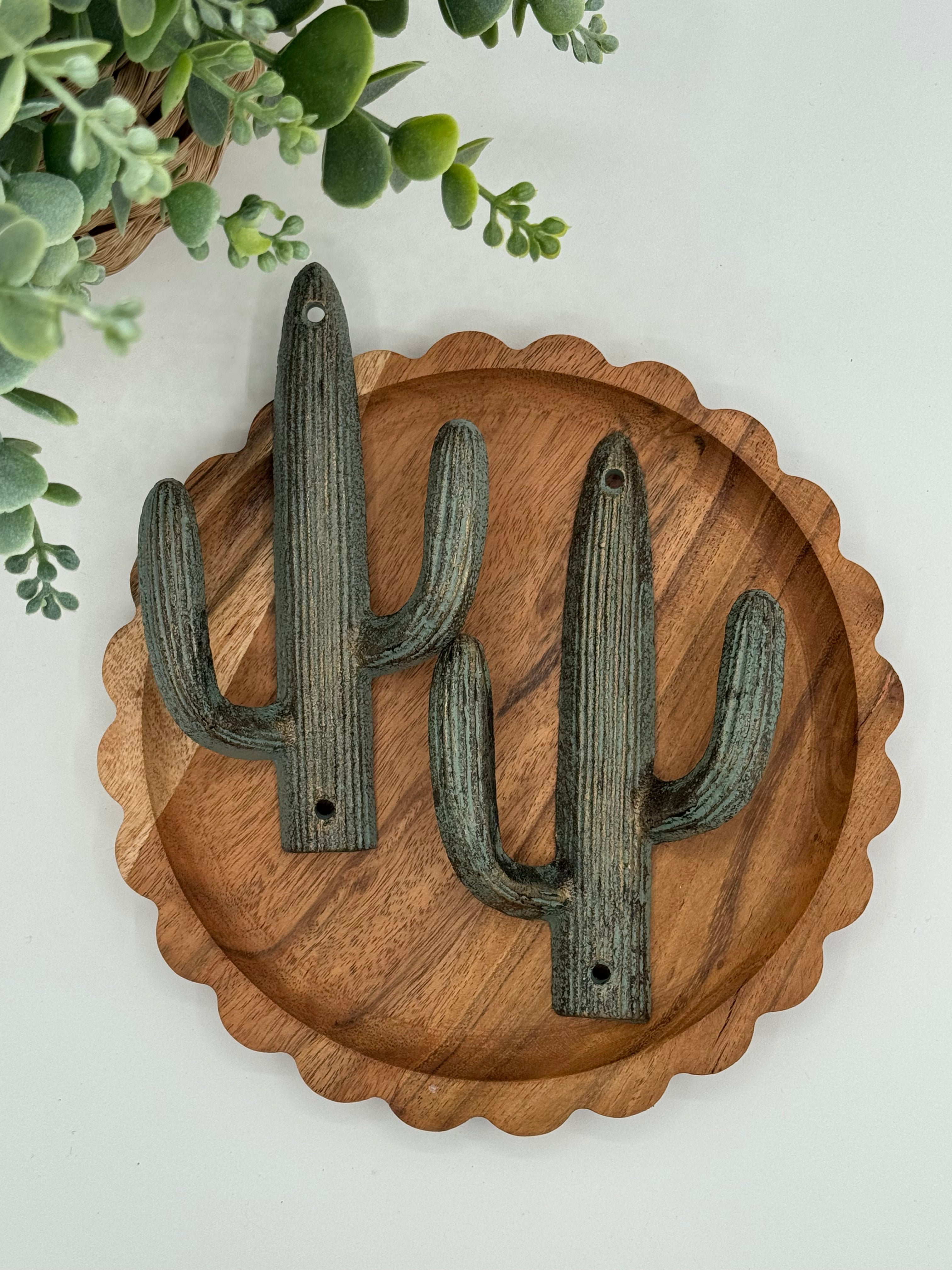 Distressed Green Cactus Metal Wall Hook