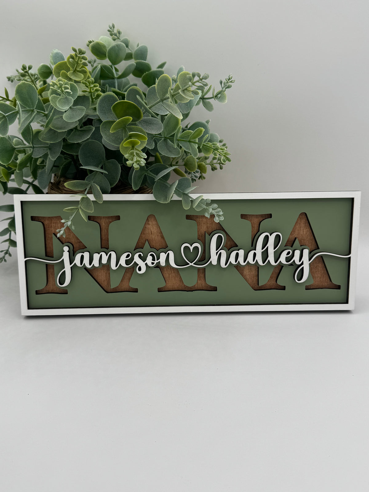 Personalized hand painted layered wood name sign with family names.