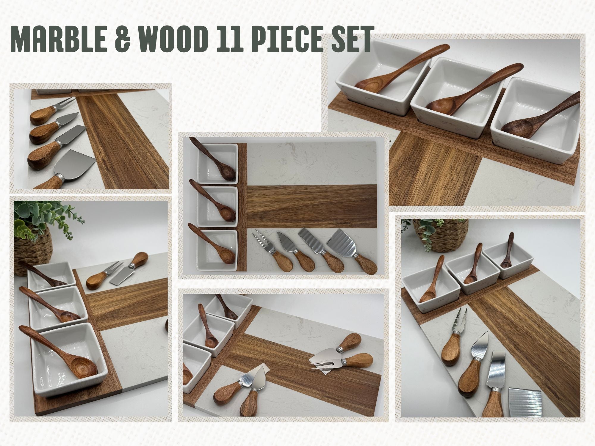 Custom Engraved Marble Charcuterie Board, Bowls & Utensils - 11 Piece Set